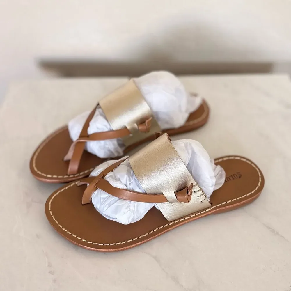 Soludos Platinum and Tan Slotted Thong Leather Strappy Sandal Size 5.5